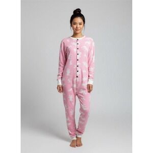Lazy One Pink Moose Print Adult Onesie Pajamas Cotton Button Front Size L